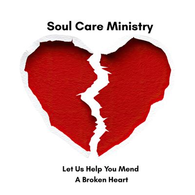 Torn red heart with 'Soul Care Ministry' offering healing for broken hearts.