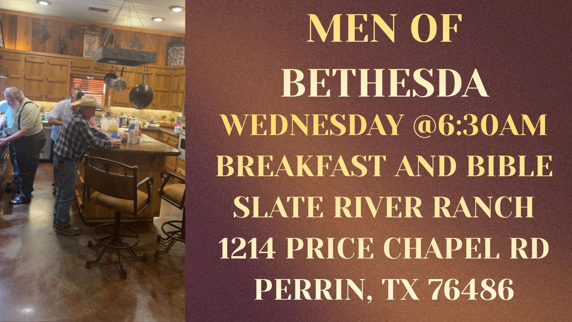 Men's breakfast and Bible study at Slate River Ranch in Texas.