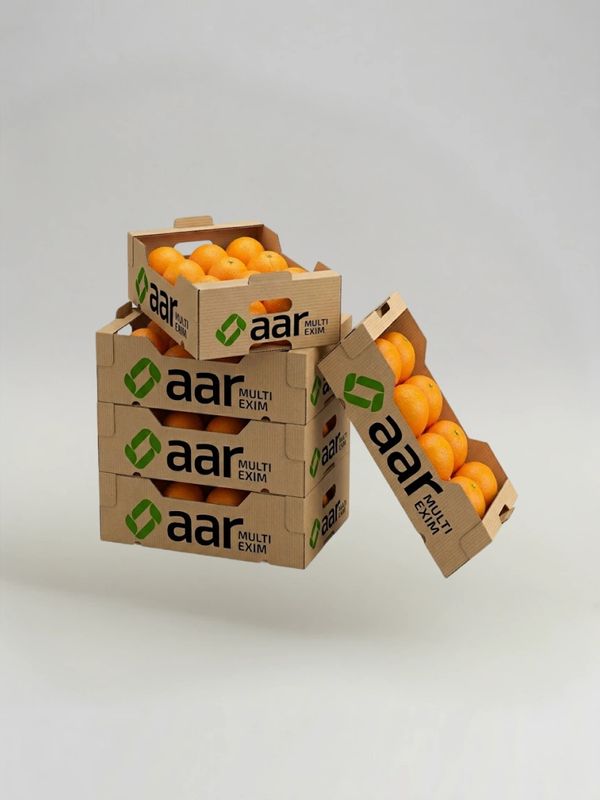 Stack of cardboard boxes filled with oranges labeled 'aar MULTI EXIM'.