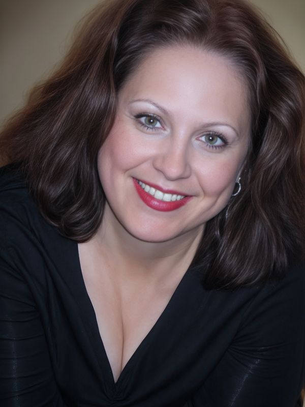 Smiling woman with wavy brown hair and red lipstick.