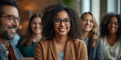 Confident woman with glasses smiling, surrounded by a diverse group of smiling people.