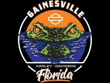 Gator emerging from water with Harley-Davidson Gainesville Florida text.