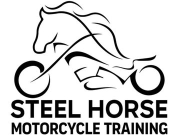 Logo with a horse and motorcycle illustration.