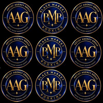 Grid of nine blue and gold logos for AAG and BMB booking agencies.