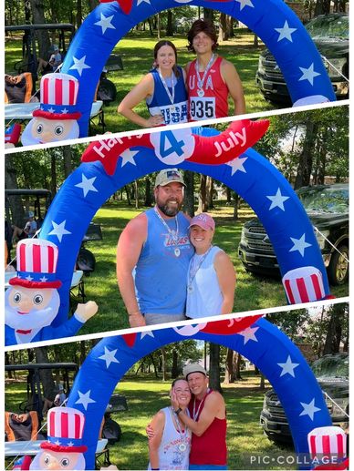 People posing under a patriotic 4th of July arch in multiple photos.