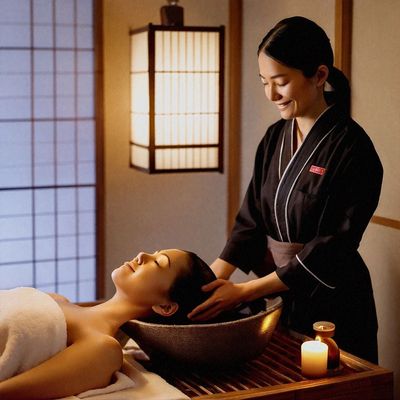 a woman getting a head spa and relaxing 