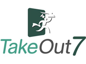 Logo for TakeOut7 featuring a running delivery person with food.