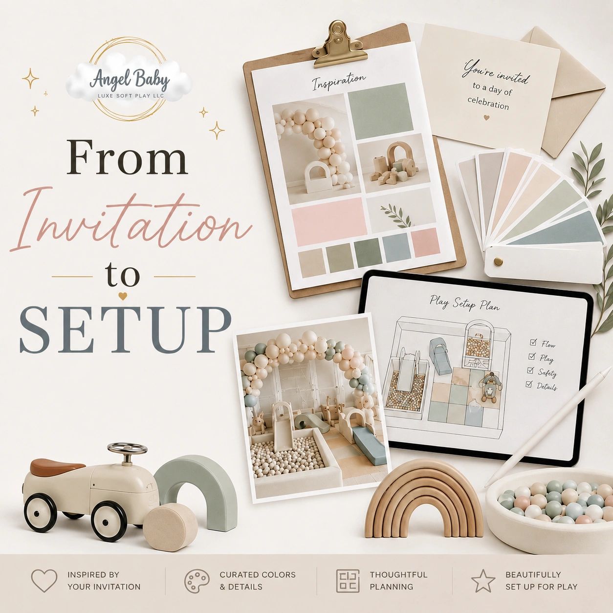 Invitation-inspired soft play setup with curated colors and thoughtful planning.