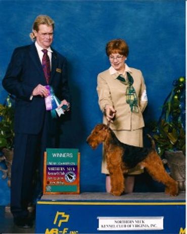 Dog show winners with handler and judge.