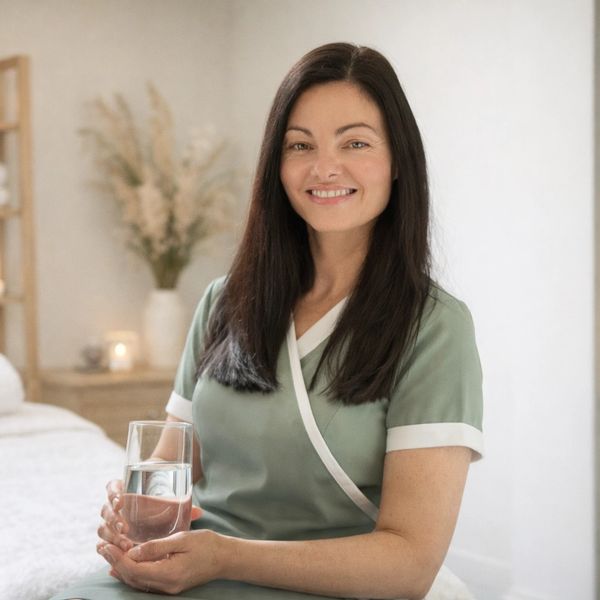 Smiling woman in green uniform holding a glass of water.