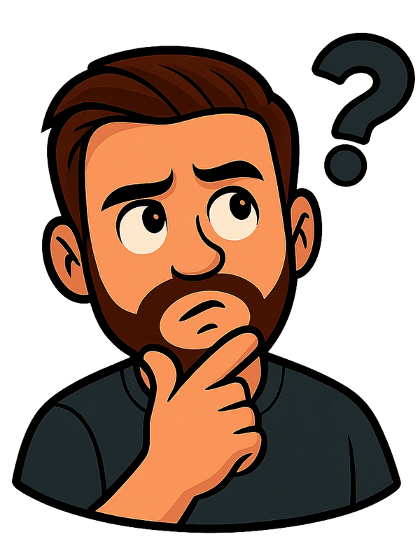 Cartoon man with beard pondering, hand on chin, and question mark above his head.