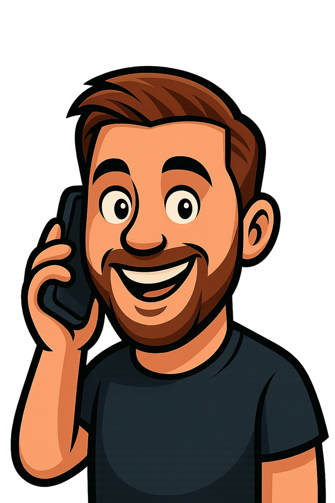 Cartoon man with a beard happily talking on the phone.