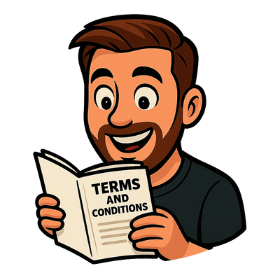 Cartoon man happily reading terms and conditions booklet.