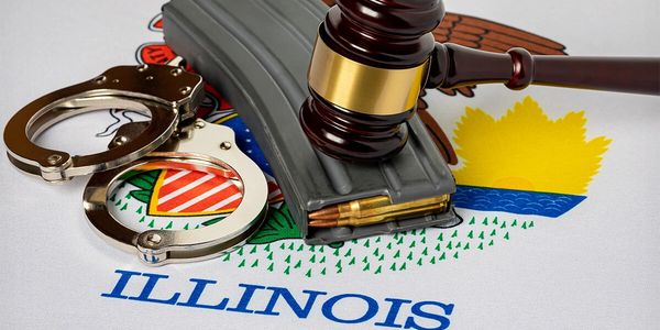 Handcuffs, rifle magazine, and gavel on Illinois state flag.