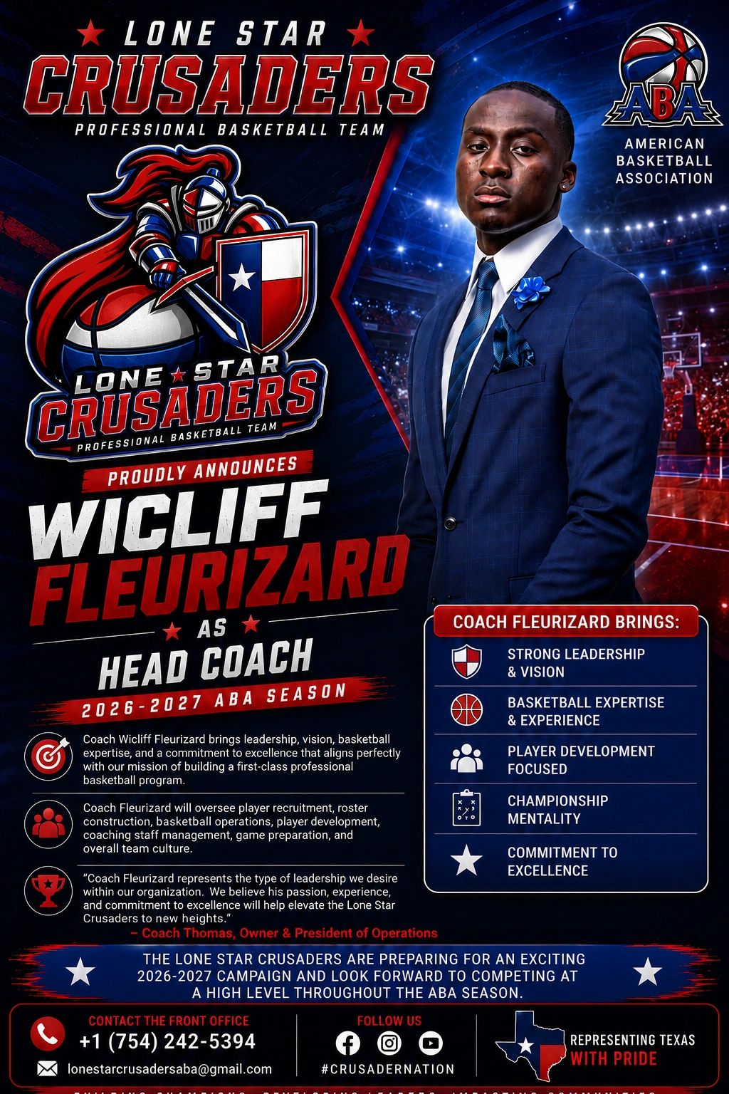 Lone Star Crusaders announce Wicliff Fleurizard as head coach for 2026-2027 ABA season.