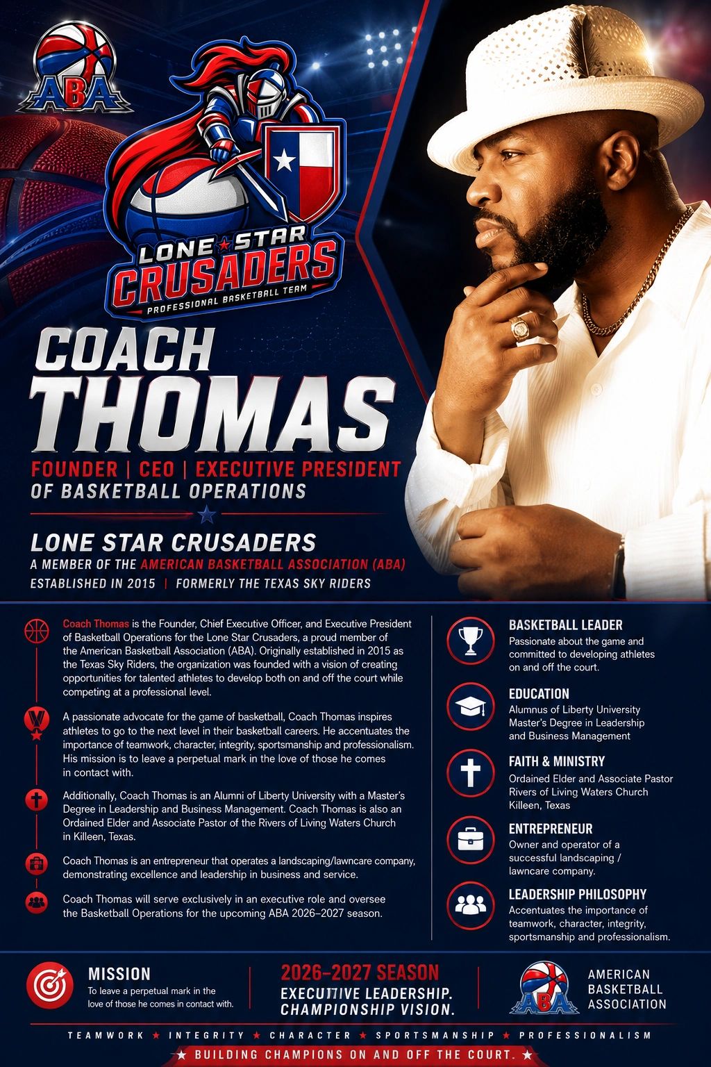 Coach Thomas of Lone Star Crusaders in basketball leadership.