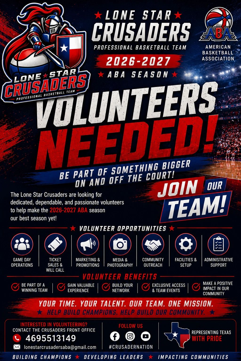 Lone Star Crusaders basketball team seeking volunteers for 2026-2027 season.