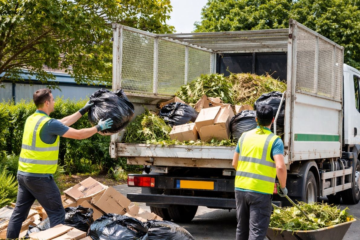 Two workers in safety vests loading garden waste and trash bags into a truck.