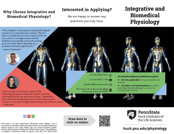 Informational flyer about the Integrative and Biomedical Physiology program at Penn State.