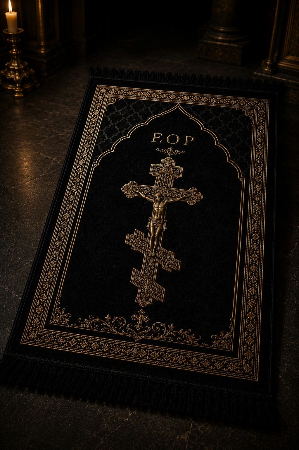Eye of Providence prayer rug with an ornate Christian cross motif, black and gold detailing.