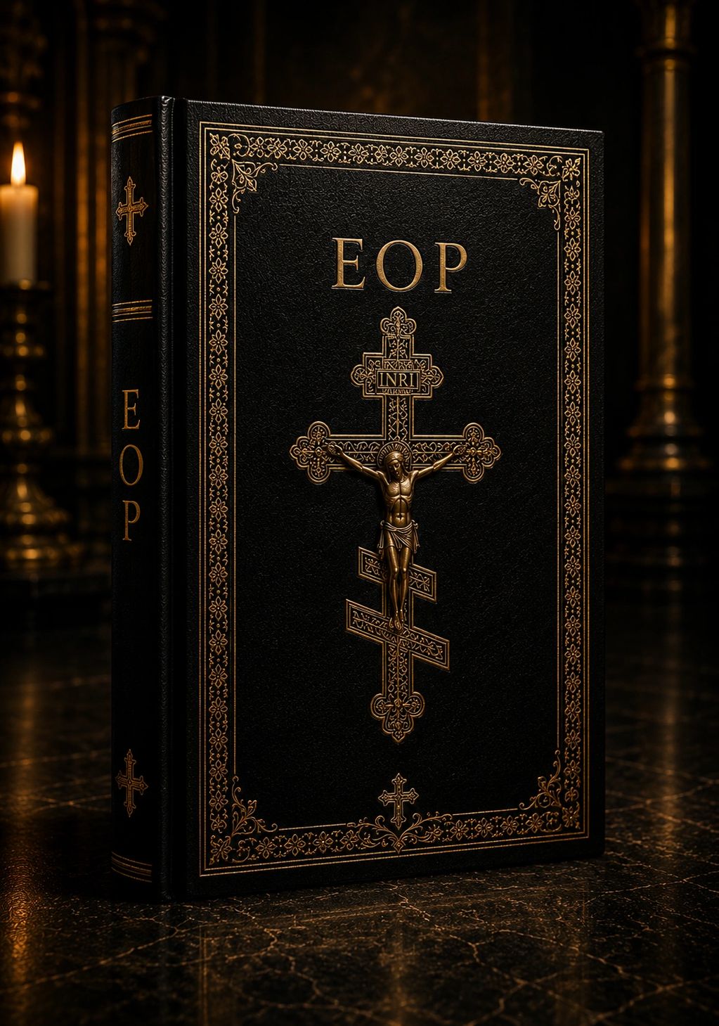 A black leather-bound book titled EOP with an ornate gold crucifix on the cover.