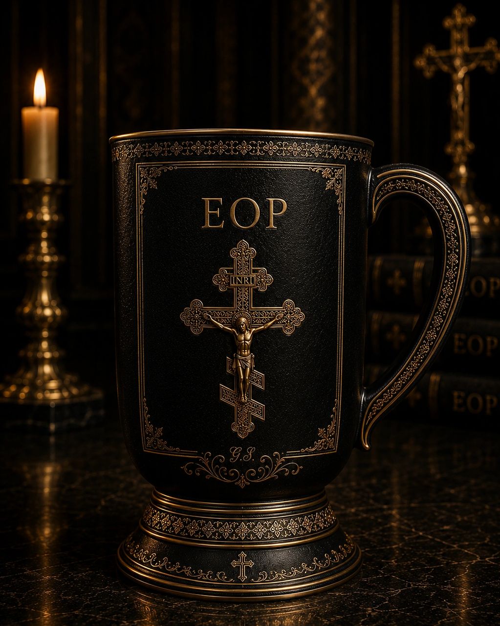 Eye of Providence collector chalice mug featuring a traditional Christian cross, gold accents.