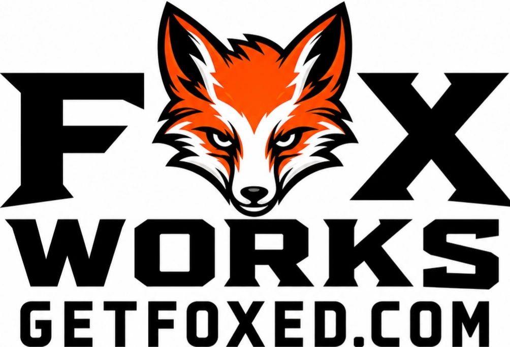 Logo with fox head in FOX WORKS GETFOXED.COM text.