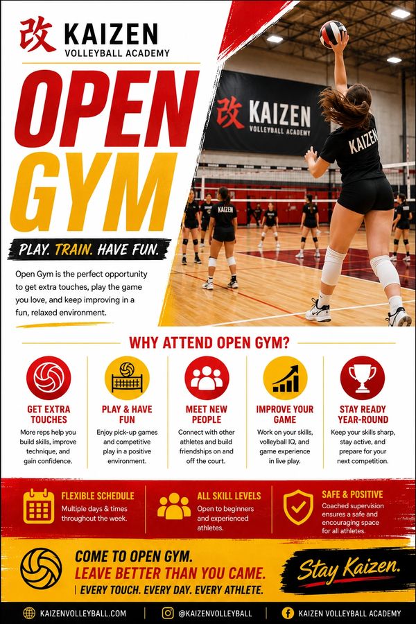 Kaizen Volleyball Academy Open Gym promotes fun, skill-building, and friendly competition for all skill levels.