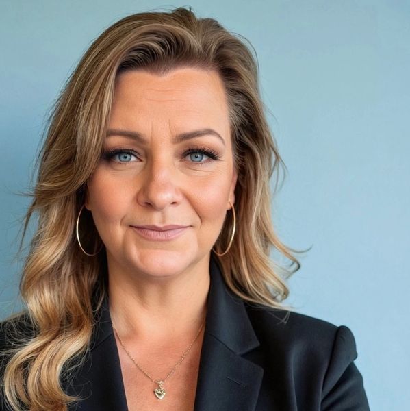 Confident woman with blue eyes wearing a black blazer and gold hoop earrings.