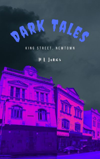 Book cover featuring purple-lit buildings under a dark cloudy sky with title 'Dark Tales'.