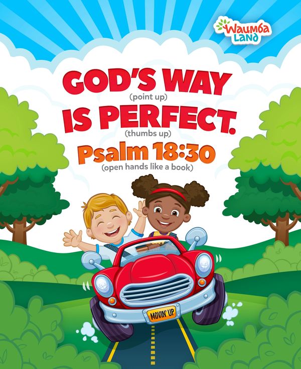 Children joyfully driving a red car with a Bible verse about God's perfect way.