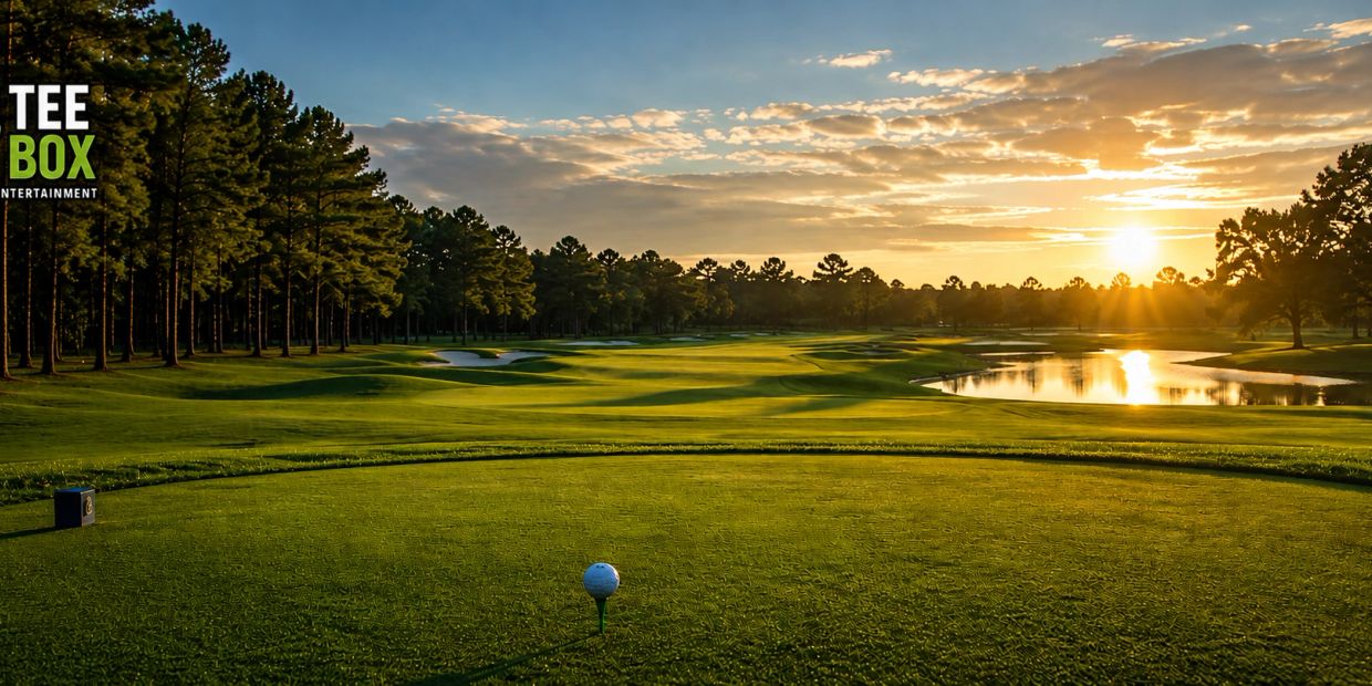 Golf ball on tee at sunrise over a lush golf course with trees and water.