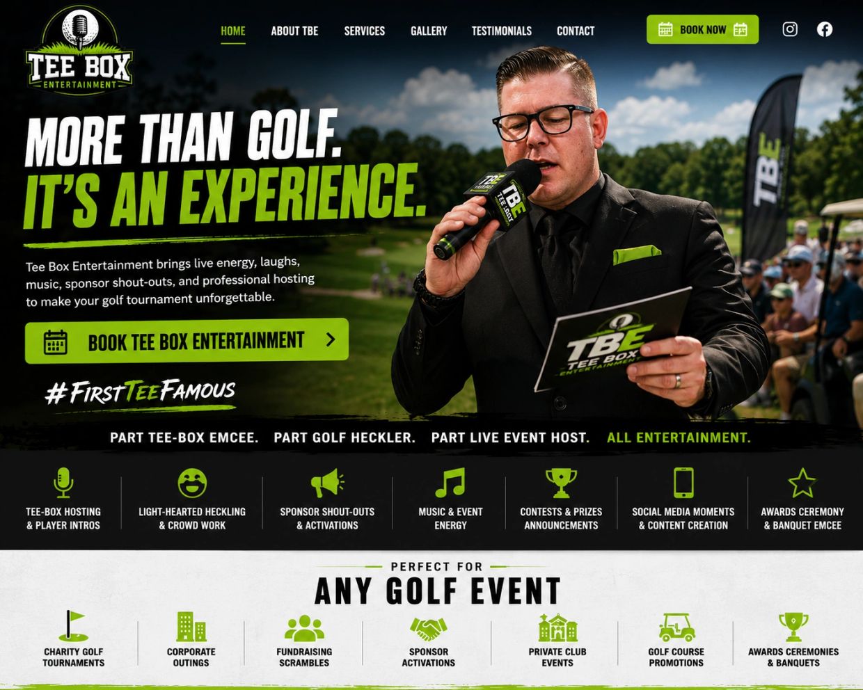 Professional golf event host engaging the crowd with energy and enthusiasm.