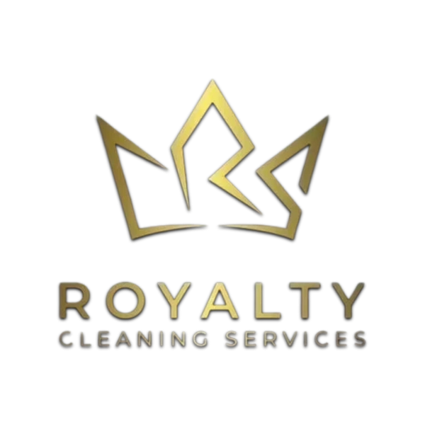 Gold crown logo for Royalty Cleaning Services on black background.