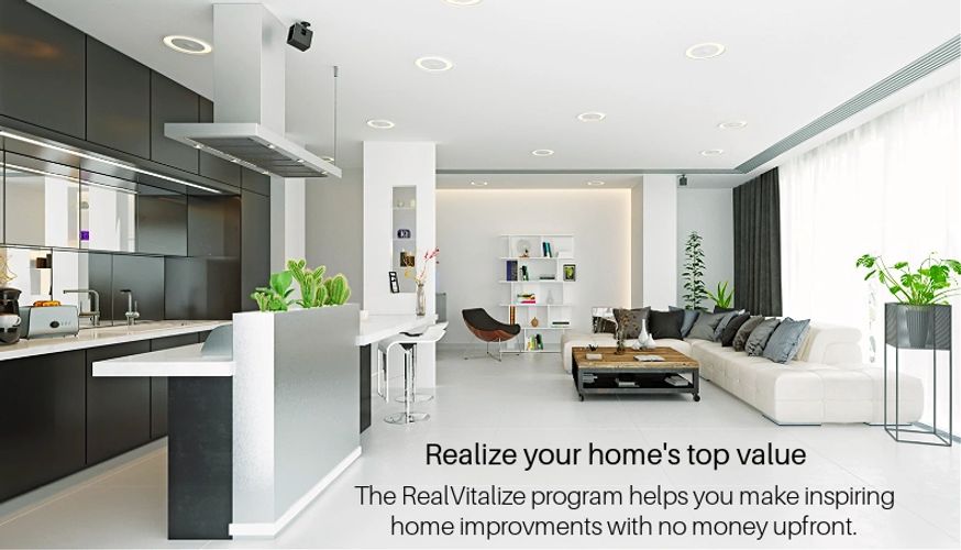 Modern kitchen and living area promoting home improvement programs.