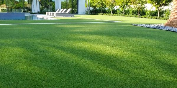 A lush green lawn with a pool and lounge chairs in the background.