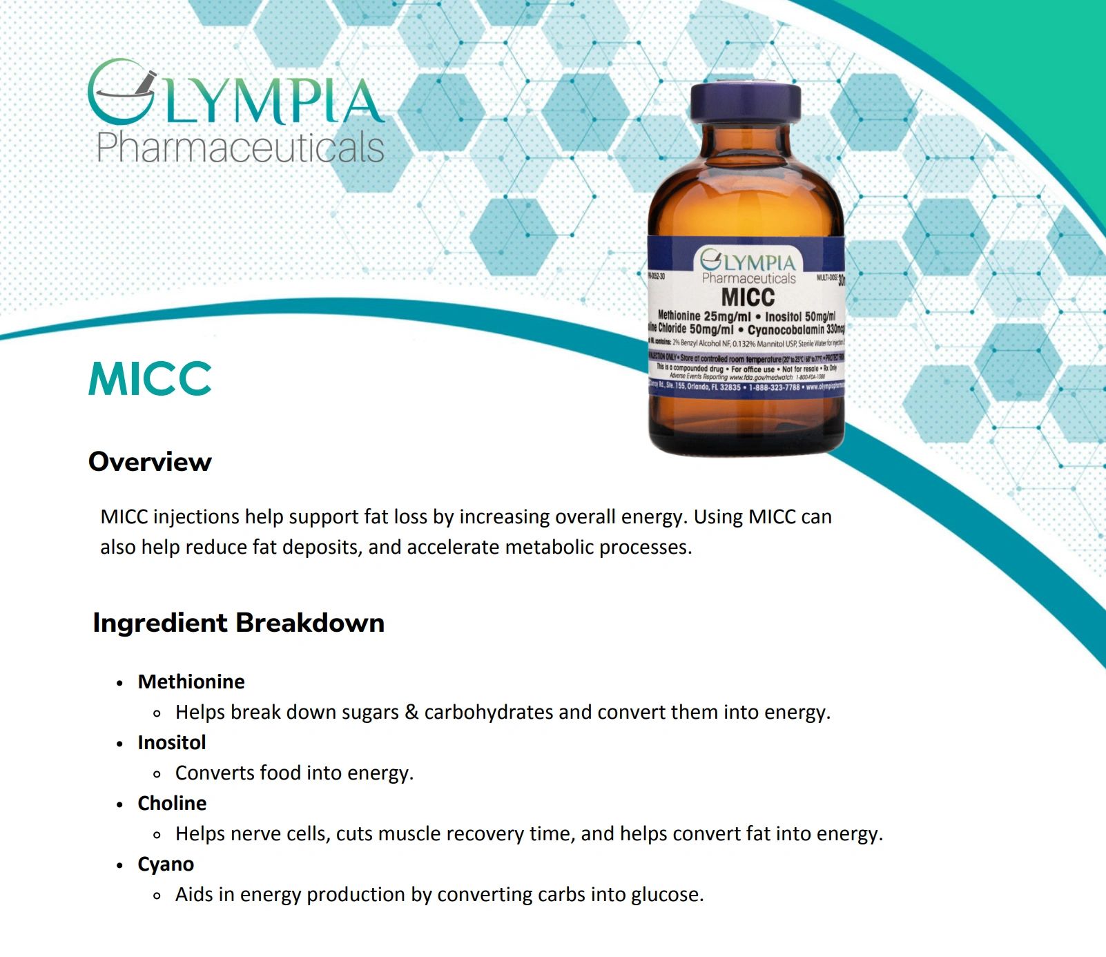 MICC Injection to accelerate metabolic processes and to reduce fat deposits