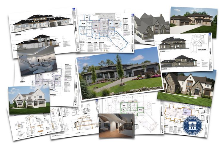 House plans scattered over a white background