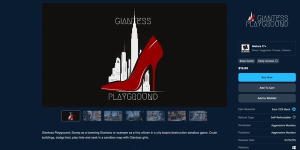 Giantess Playground game page showing a red high heel and city skyline.