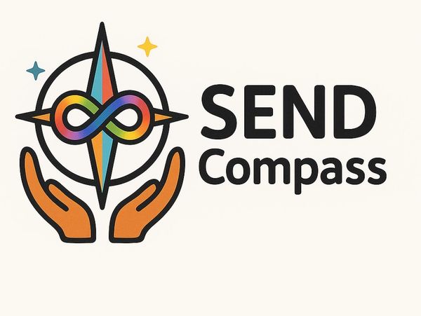 Hand holding a compass with a neurodiversity infinity in the middle 