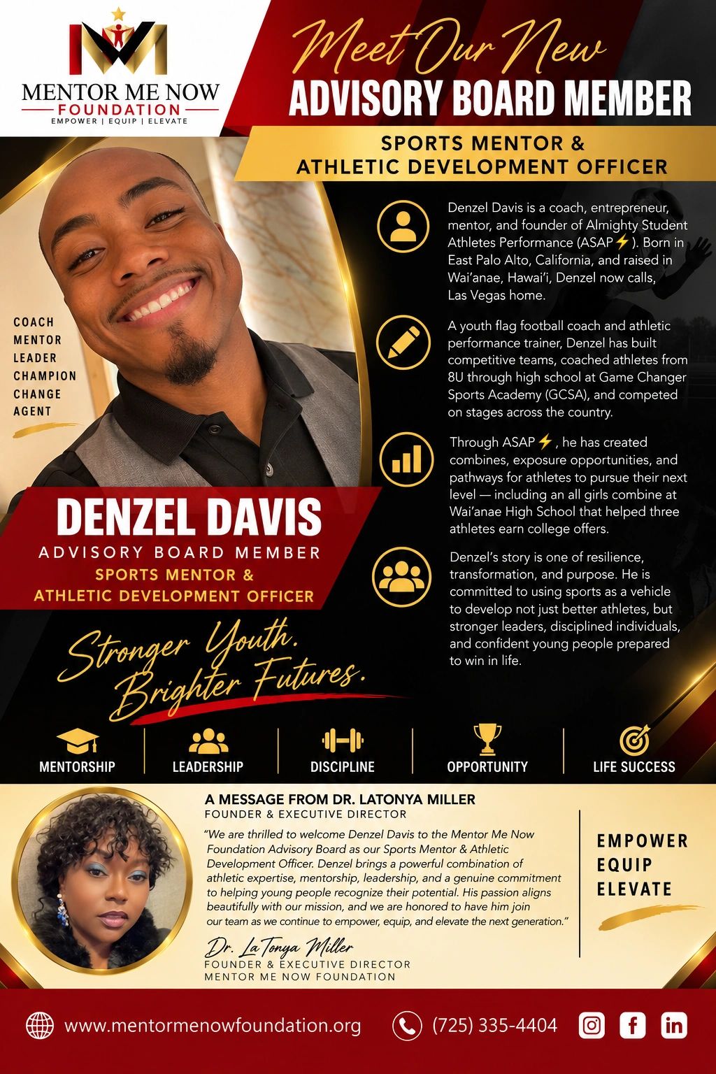 Denzel Davis, new advisory board member, sports mentor and athletic development officer at Mentor Me Now Foundation.