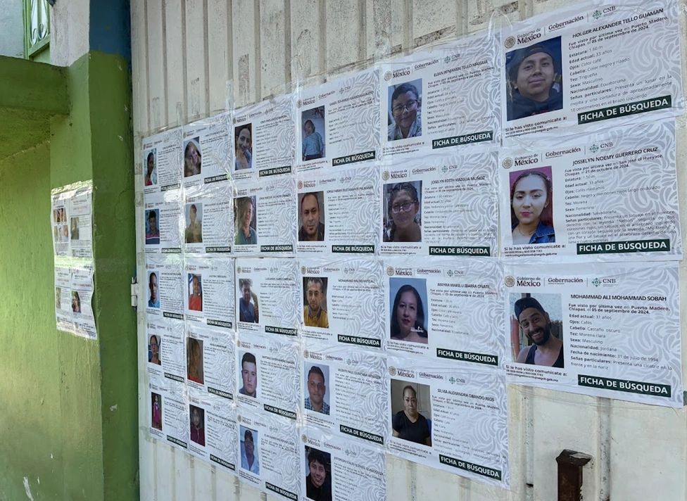 Government posters for missing people are a common sight in southern Chiapas. These posters at Albergue Jesús el Buen Pastor feature people from Cuba, the Dominican Republic, Ecuador, El Salvador, Honduras, Jordan, and Venezuela. All were last seen in late 2024. 