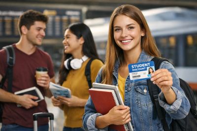 Smiling student showing a student discount card at a train station with friends.