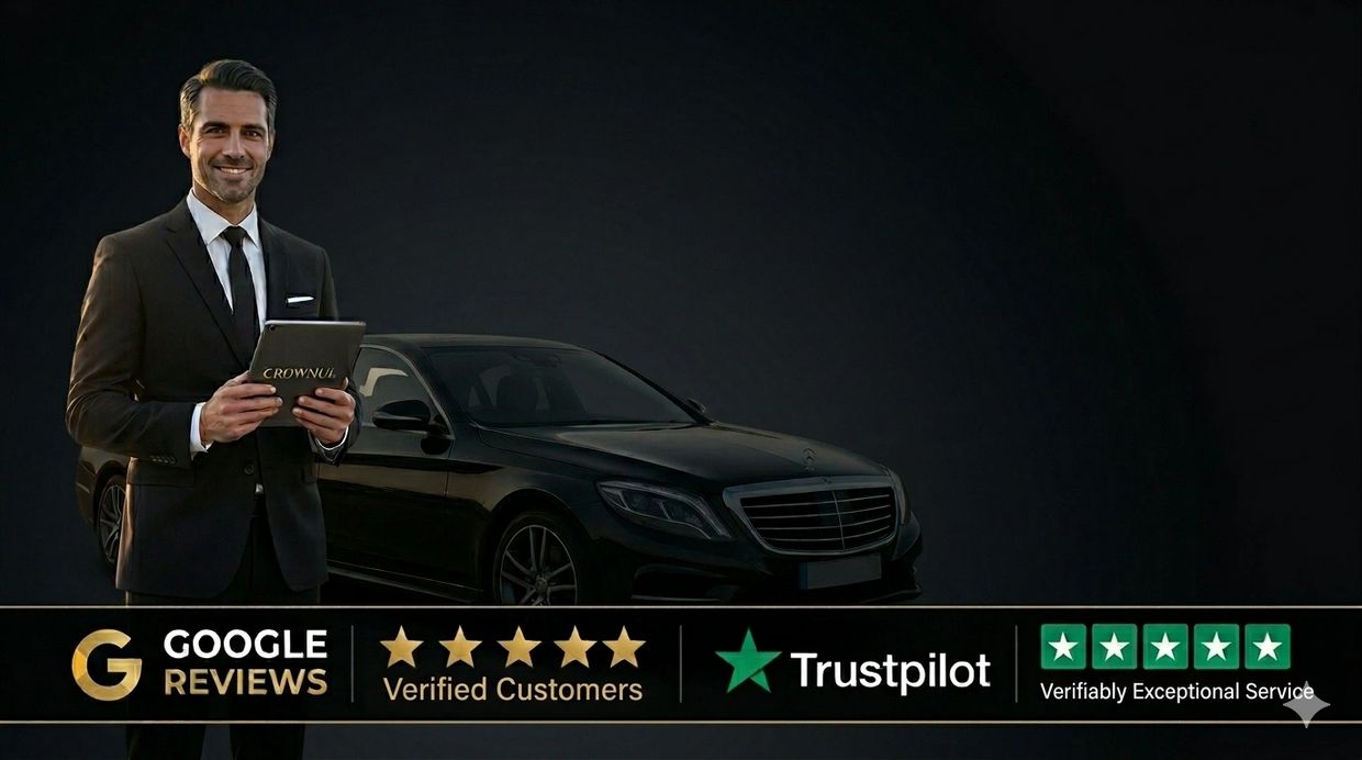 A professional man in a suit stands beside a luxury car, showcasing high customer ratings on Google Reviews and Trustpilot.