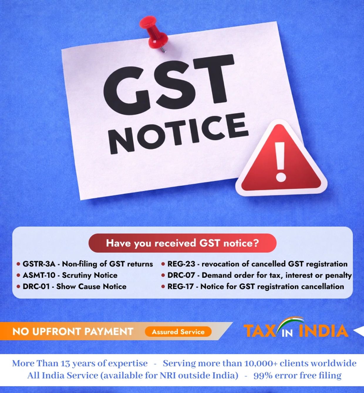 GST notice types and no upfront payment service by Tax in India.