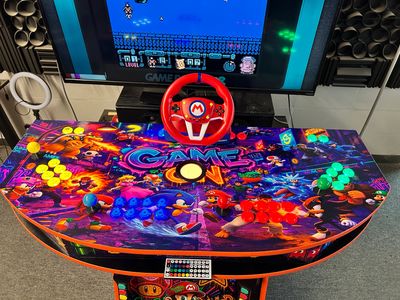 Arcade Pedestal 4 player full size with sanwa joysticks, custom artwork, steering wheel, light guns