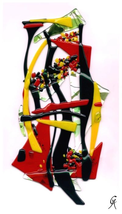 Original abstract openwork fused art glass design. Red, black, yellow, green solids & textural frit.