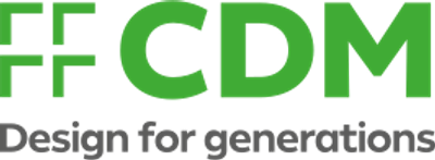 Logo of CDM with green and gray text.