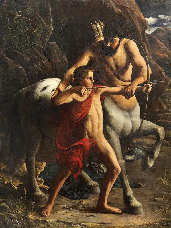 Chiron instructs a young Achilles in the art of archery