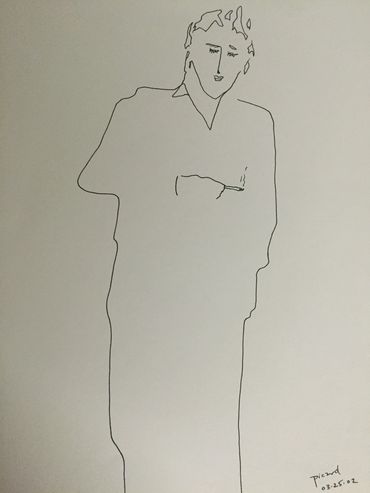 Minimalist line drawing of a person holding a cigarette.